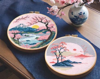 Sakura Cross Stitch Pattern Set: Japanese Cherry Blossom Landscape
