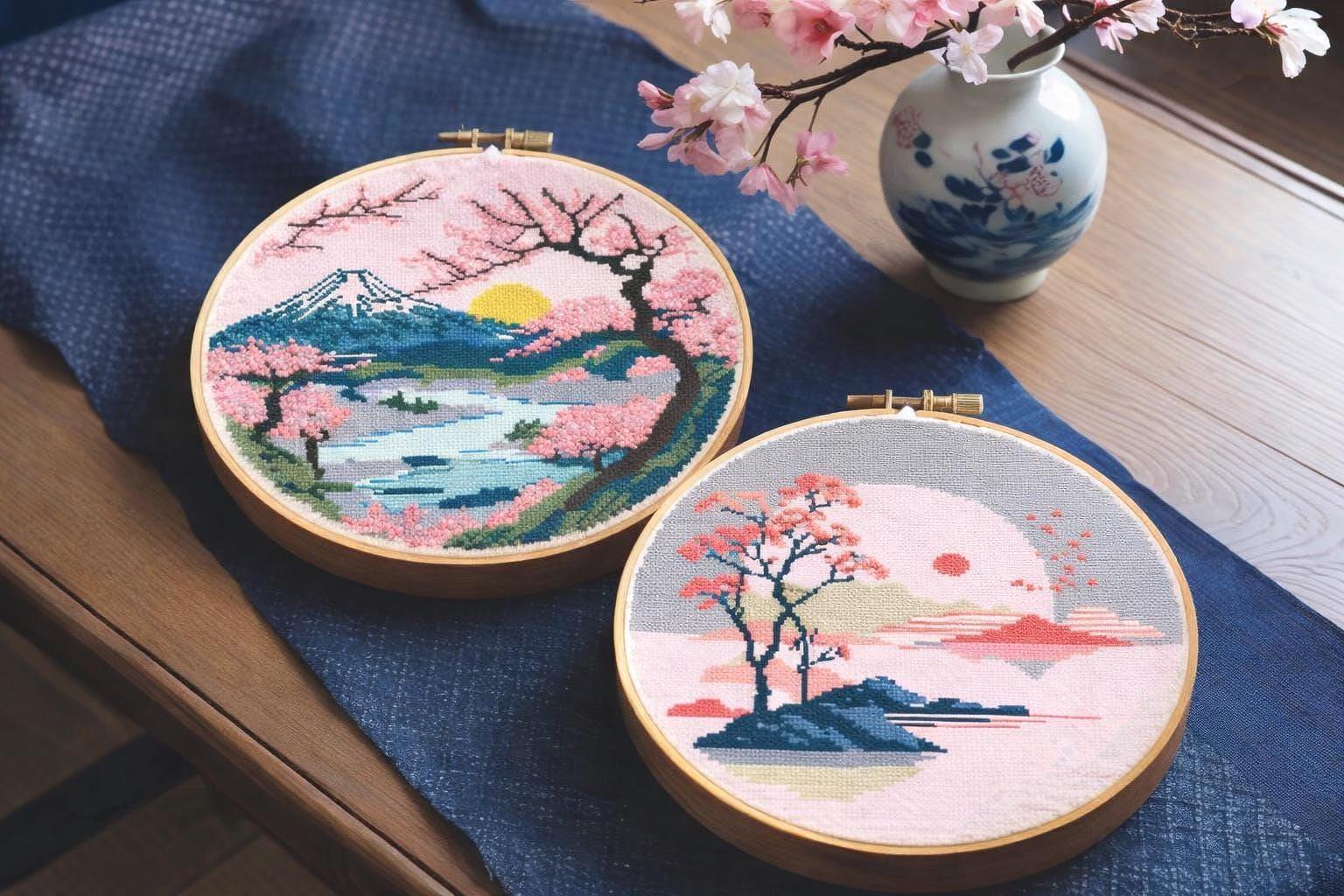 Sakura Cross Stitch Pattern Set: Japanese Cherry Blossom Landscape