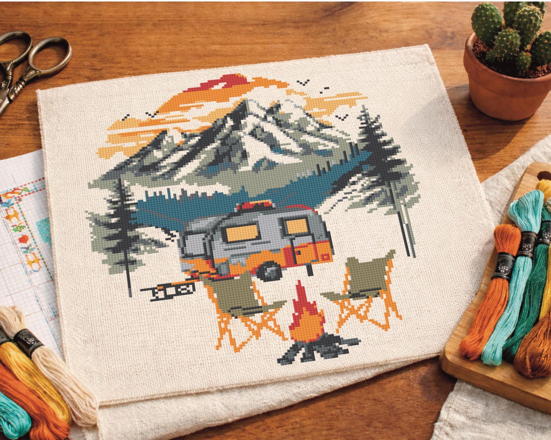 Crosstitch Rv Pattern Camping Cross Stitch Pattern: Mountain Camper Caravan (digital ...