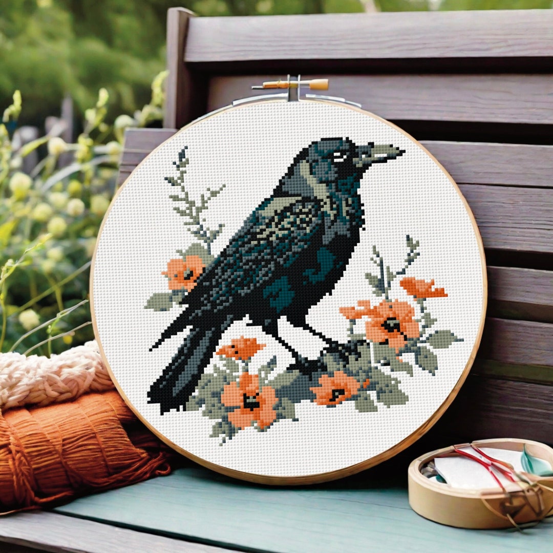 Crow Cross Stitch, Crow Embroidery Pattern, Black Bird Counted Cross Stitch Design, Crow on