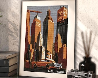 Retro New York Cross Stitch Pattern: Cityscape Needlepoint (Digital Download)