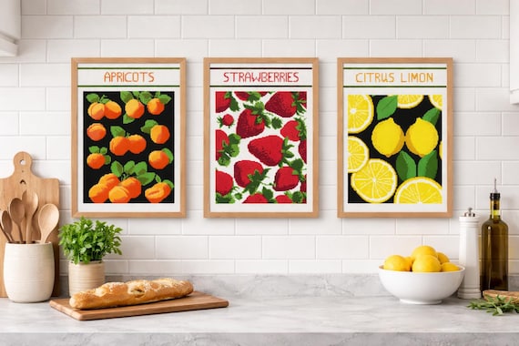 Modern Fruit Cross Stitch Pattern Set: Minimalist Kitchen Art (PDF Download)