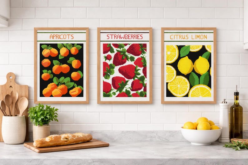Modern Fruit Cross Stitch Pattern Set: Minimalist Kitchen Art (PDF Download) image 1