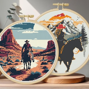Cowgirl and cowboy horseback cross stitch patterns, Western theme horse riding matching patterns digital cross stitch, Country riders charts