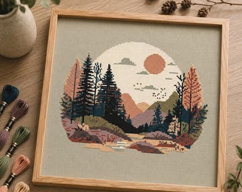 Minimalistisches Wald- und Berg-Kreuzstichmuster: Boho-Landschaft (Digitales PDF)