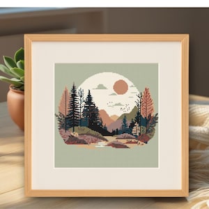 Boho Kreuzstichmuster, Wald und Berg Landschaft, modernes Kreuzstich Stickmuster mit wenigen Farben