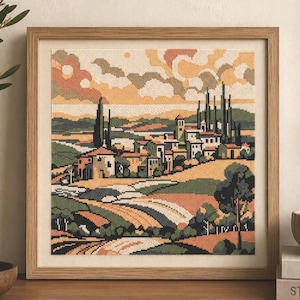 Tuscany Landscape Cross Stitch Pattern: Italian Rural Embroidery (PDF Digital Download)