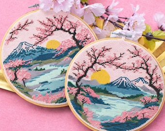 日本の風景クロスステッチパターン、桜と富士山のクロスステッチ、富士