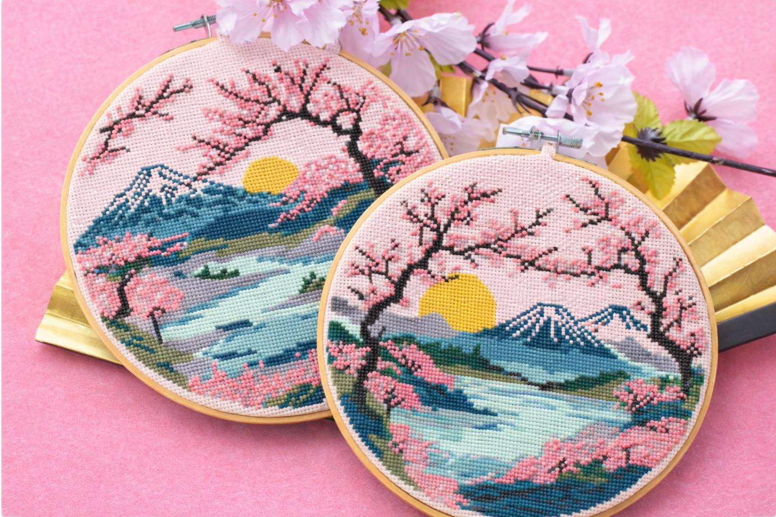 Sakura & Mount Fuji Cross Stitch Pattern Set: Japanese Landscape