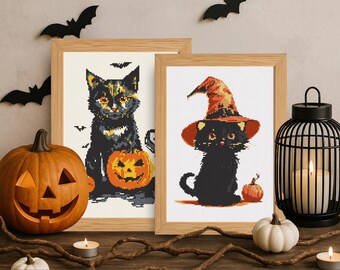 Halloween Katze Kreuzstichmuster: Kürbisse Set (Digitaler Download)
