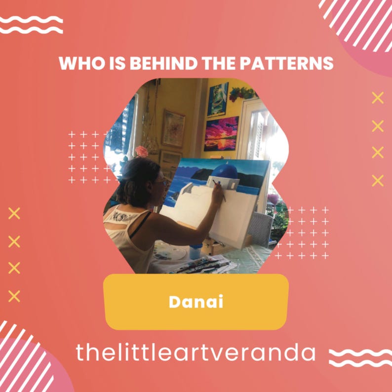 May include: A woman paints a seascape with a blue domed building on a canvas. The text "Danai" and "thelittleartveranda" are visible below the image.