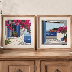 Seascape & Cottage Cross Stitch Pattern Set: Greek Island Coastal Scene (Digital Downloadable PDF Charts) image 2