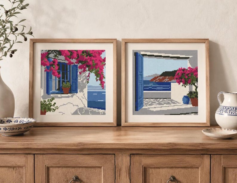 Seascape & Cottage Cross Stitch Pattern Set: Greek Island Coastal Scene (Digital Downloadable PDF Charts) image 2
