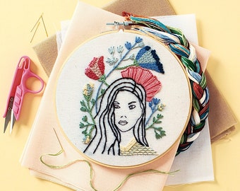 Floral girl face embroidery step by step pattern with youtube video tutorial, Beginner embroidery digital download template and instructions