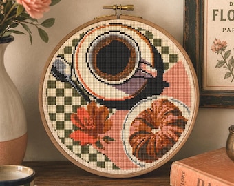 French Cafe Cross Stitch Pattern: Retro Breakfast Design (Digital Download)