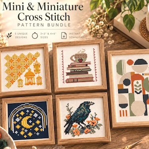 May include: A collection of five framed cross stitch patterns titled Mini & Miniature Cross Stitch Pattern Bundle. The designs include yellow lanterns, a stack of books with a coffee mug, geometric shapes, a moon with stars, and a bird on flowers.