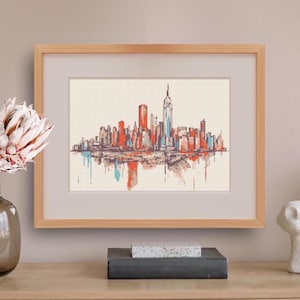Point de croix sur les toits de Manhattan, paysage urbain contemporain au point de croix compté avec peu de couleurs, motif xstitch minimaliste à New York