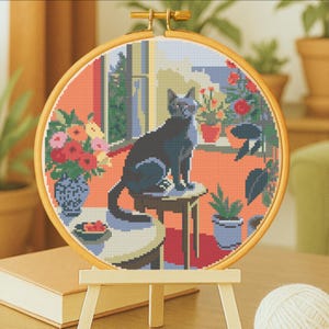 Modèle de point de croix art chat noir, cadeau de point pour amoureux des chats, téléchargement immédiat pdf, grille de point de croix près de la fenêtre, point de croix artistique lumineux