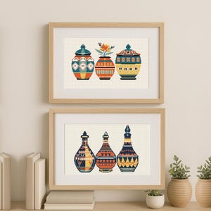Traditionelle arabische Töpferkreuzstichmuster Set mit zwei Wandkunst-PDF-Mustern, persische Volkskeramik Kreuzstichkarten mit wenigen Farben