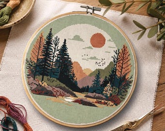 Minimalist Pine Forest Cross Stitch Pattern: Nature Scenery (PDF Download)