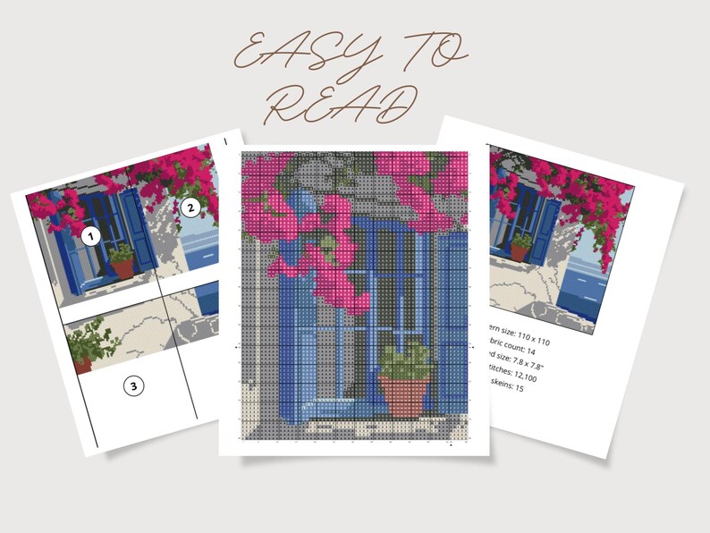 Seascape & Cottage Cross Stitch Pattern Set: Greek Island Coastal Scene (Digital Downloadable PDF Charts) image 4
