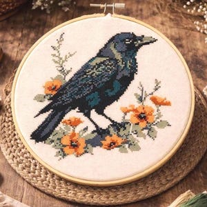 Crow Cross Stitch Pattern: Black Bird Embroidery Design (PDF Download)