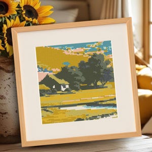 Gráfico de punto de cruz para pintura de paisaje cuadrado pequeño, patrón descargable digital en PDF de paisaje de montaña de granja para marco cuadrado.