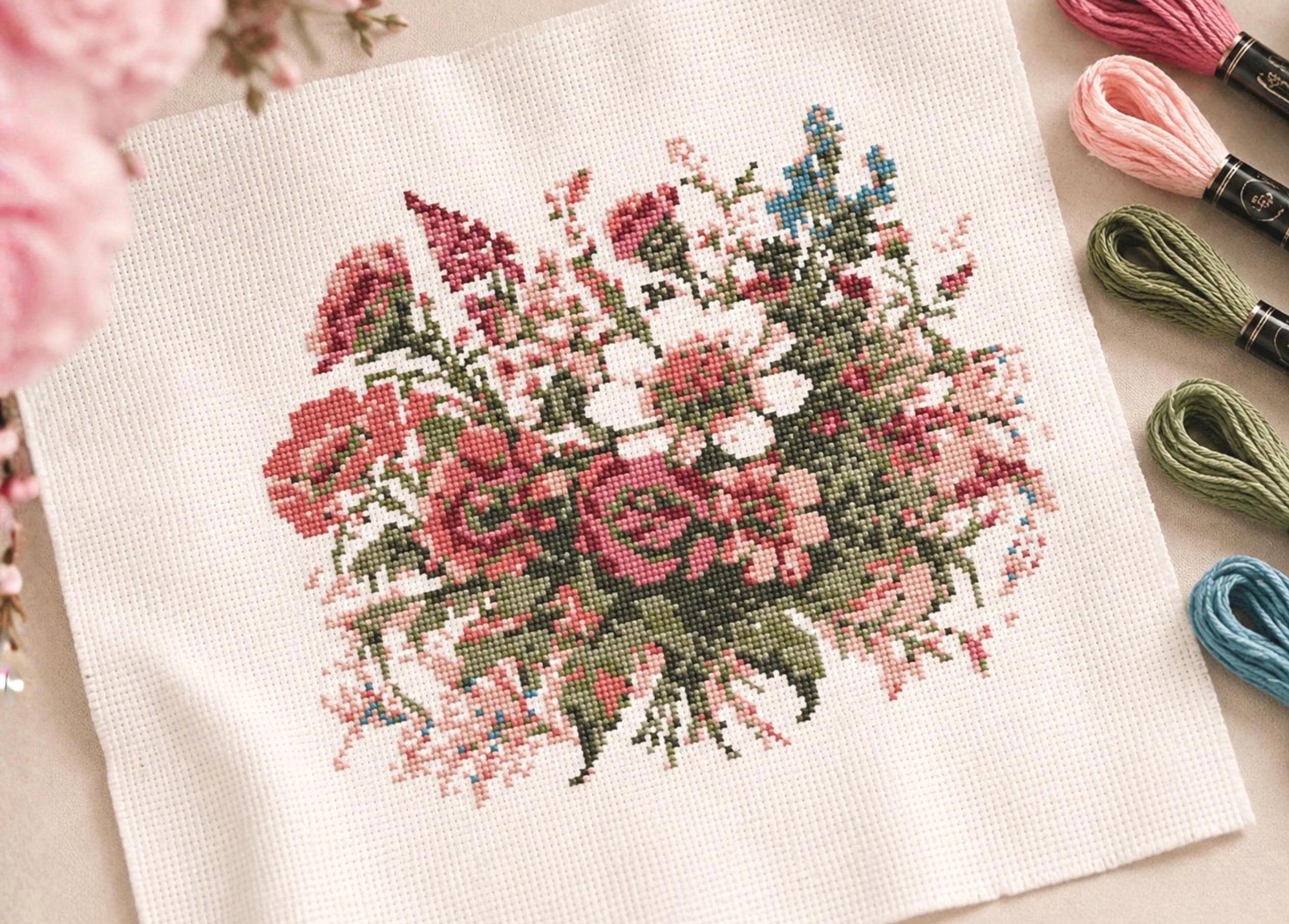 花柄クロスステッチパターン：ブーケ刺繍デザイン（PDFダウンロード