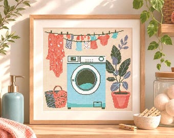Laundry Room Cross Stitch Pattern: Washing Machine Embroidery Design (PDF Pattern)