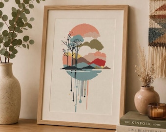 Minimalistisches Landschafts-Kreuzstichmuster: Abstraktes Boho-Design (PDF-Download)