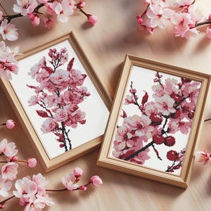 桜のミニクロスステッチセット2パターン、桜の刺繍デザイン、日本のクロスステッチ、小さな植物のクロスステッチPDF