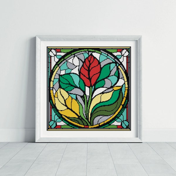 Minimal stained glass cross stitch pattern, Full coverage abstract floral embroidery design, Flowers minimalistic xstitch pdf digital chart
