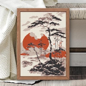 Japanese Landscape Cross Stitch Pattern: Abstract Oriental Embroidery (Digital Download)