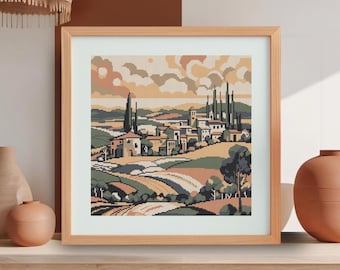 Italian landscape Tuscany cross stitch pattern PDF digital download chart, Mediterranean scenery needlepoint art, Rural Italy embroidery PDF