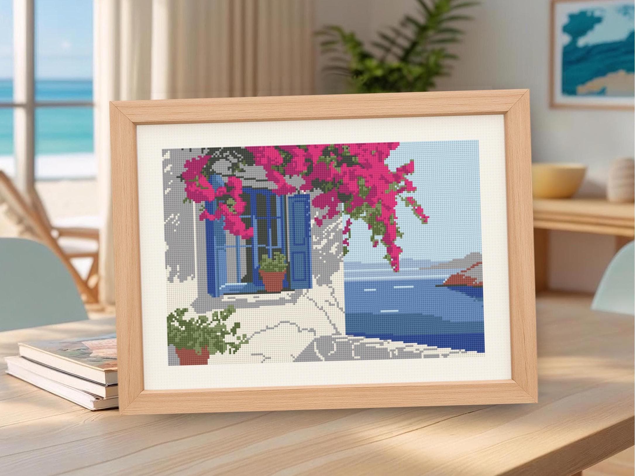 Greek Seaside Cottage Cross Stitch Pattern: Architectural Landscape (Digital Download)