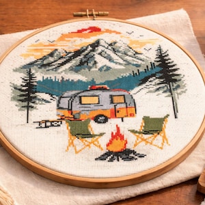 Camping Cross Stitch Pattern: Mountain Camper Caravan (Digital Downloadable PDF File)