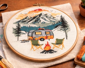 Camping Cross Stitch Pattern: Mountain Camper Caravan (Digital Downloadable PDF File)