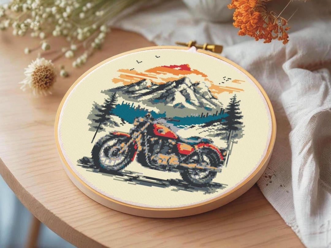 Vintage Motorcycle Cross Stitch Pattern: Motorbike Embroidery Design ...