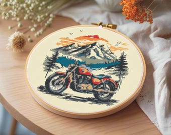Vintage Motorcycle Cross Stitch Pattern: Motorbike Embroidery Design (PDF Download)