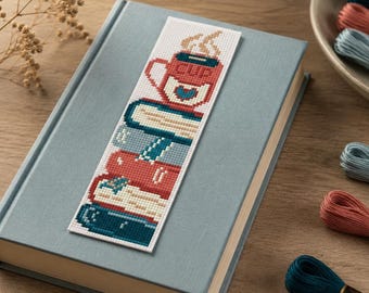 Modèle de point de croix avec pile de livres : motif de lecture café (téléchargement PDF)