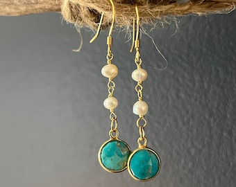 Freshwater Pearl and Turquoise Earrings. Pearl and Turquoise Drop Earrings. Freshwater Pearl Drop Earrings. Turquoise and Pearl Dangles.