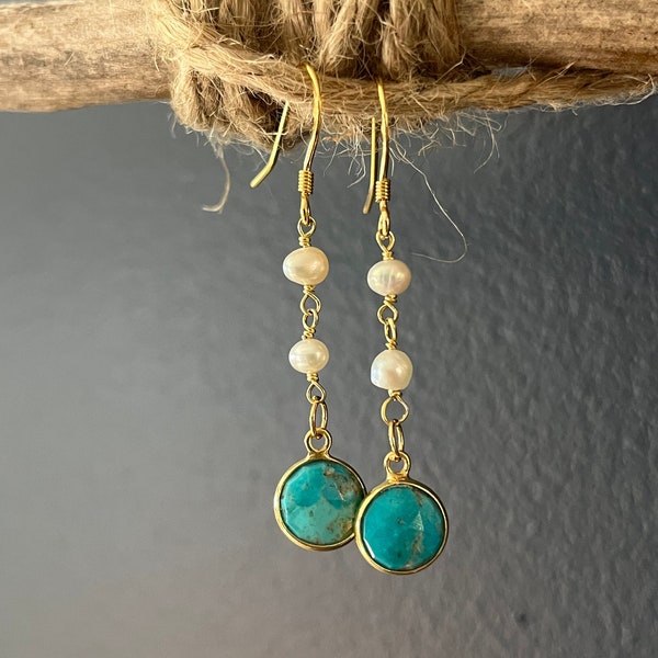 Freshwater Pearl and Turquoise Earrings. Pearl and Turquoise Drop Earrings. Freshwater Pearl Drop Earrings. Turquoise and Pearl Dangles.