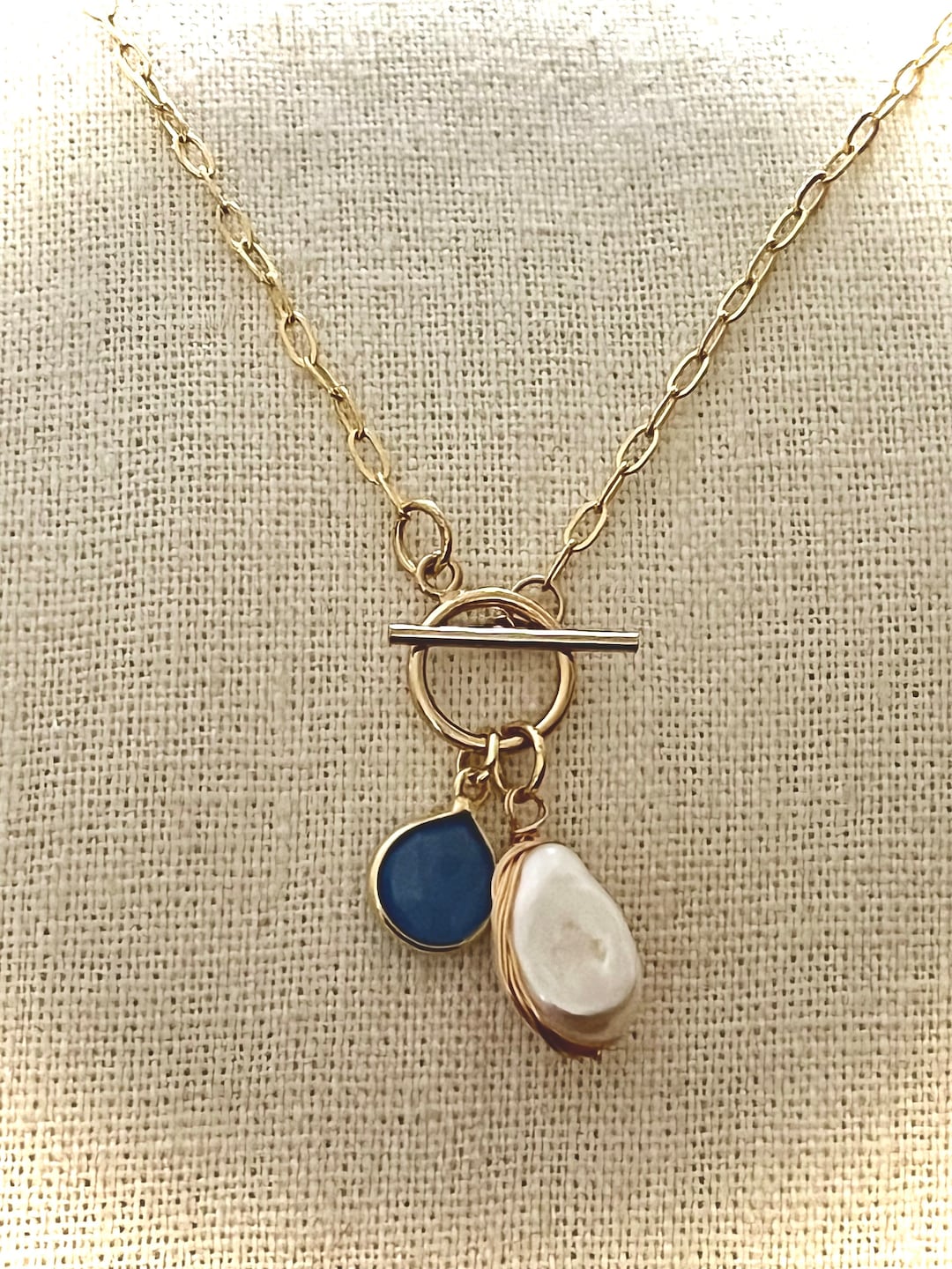 Gold Toggle Necklace. Gold Toggle Necklace Keshi Pearl and Blue Gem