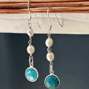 Freshwater Pearl and Turquoise Earrings. Pearl and Turquoise Drop Earrings. Freshwater Pearl Drop Earrings. Turquoise and Pearl Dangles.