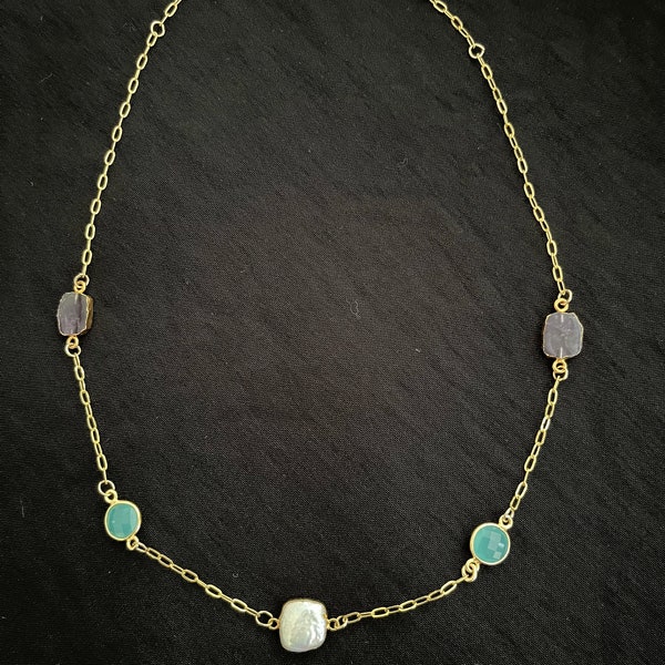 Gold Gem Necklace with Amethyst and Blue Chalcedony Gems. Gold Necklace with purple and blue gems. Gem Necklace. 18”