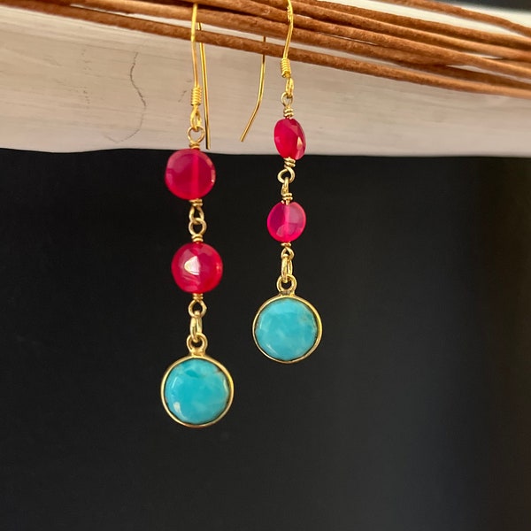 Fuchsia and Turquoise Earrings. Turquoise Berry Chalcedony Drop Earrings.