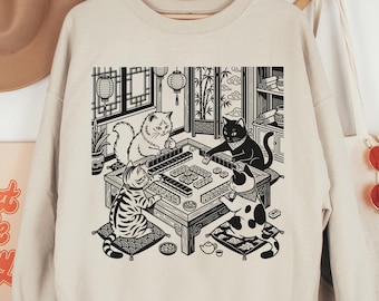 Retro Mahjong Sweatshirt, Funny Cat Game