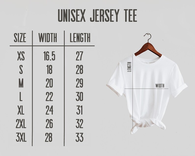 Puede incluir: Tabla de tallas para una camiseta de punto unisex con medidas en pulgadas. La tabla muestra el ancho y la longitud de la camiseta en pulgadas para las tallas XS a 3XL.