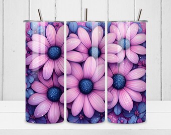 Op de afbeelding: Drie roestvrijstalen bekers met een bloemenpatroon. De bekers hebben een roze en paarse bloemenprint op een witte achtergrond.