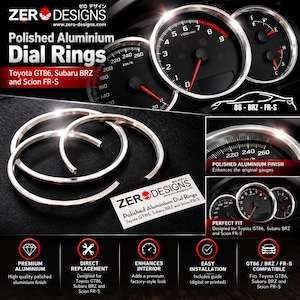 Pode incluir: Três anéis de mostrador em alumínio polido para Toyota GT86, Subaru BRZ e Scion FR-S. O conjunto inclui um pequeno cartão retangular com o texto Zero Designs Polished Aluminium Dial Rings Toyota GT86, Subaru BRZ and Scion FR-S.